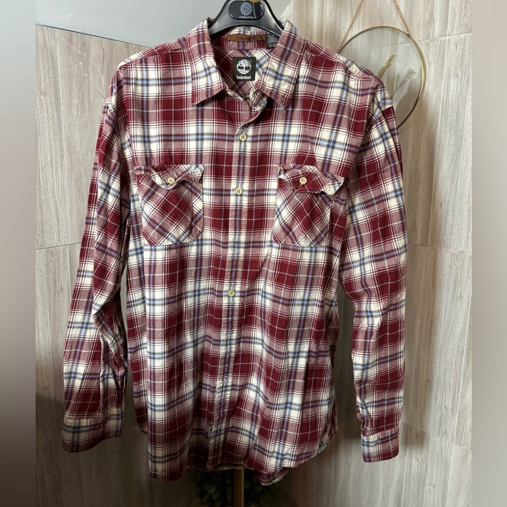 Timberland Men's Burgundy and White Plaid Button Down Shirt Long Sleeve